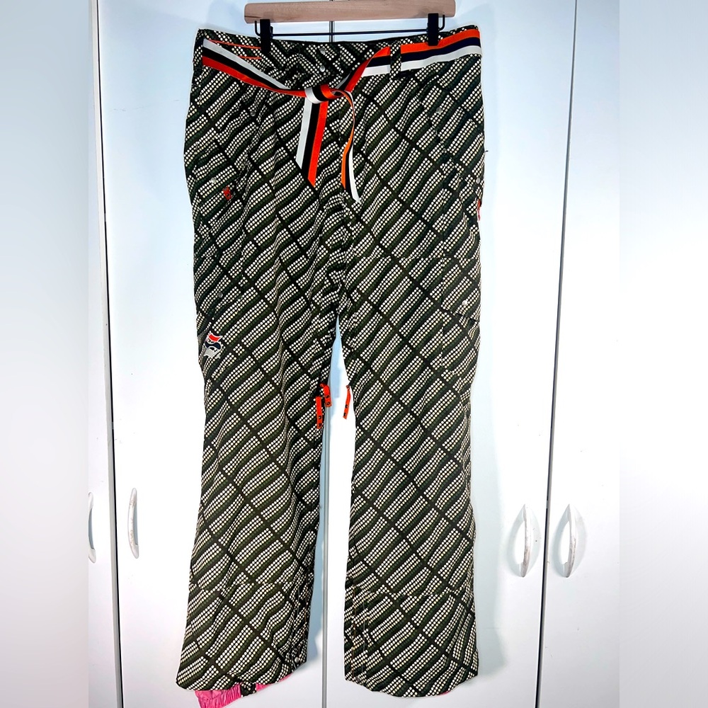 SECTION snow pants, olive green w/ white and tan dots, orange & pink accents, XL